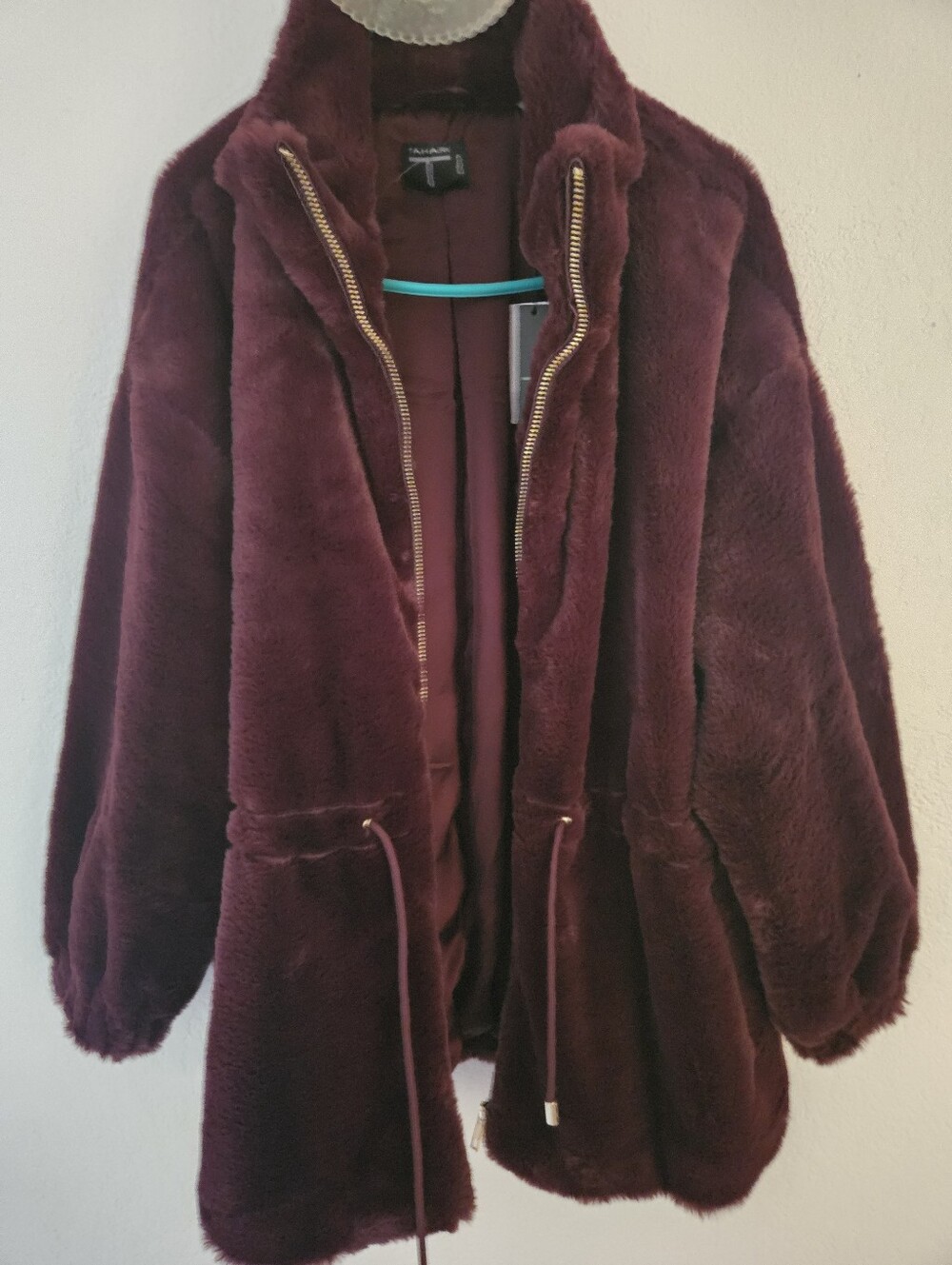 Tahari Plush Faux-Fur Teddy Jacket in Burgundy